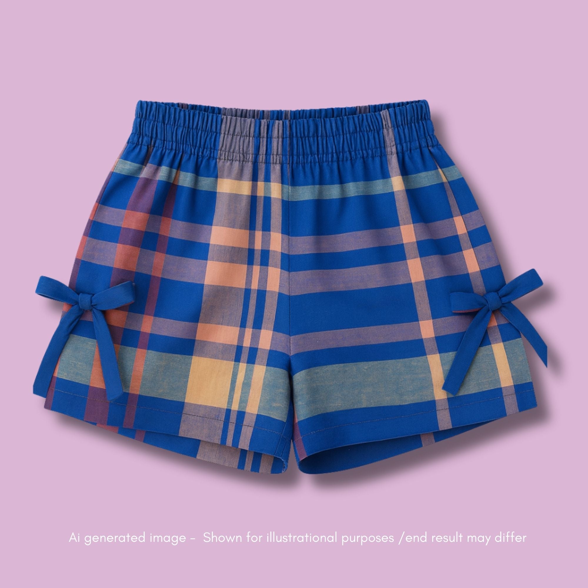 Plaid shorts with blue ribbons on a pink background