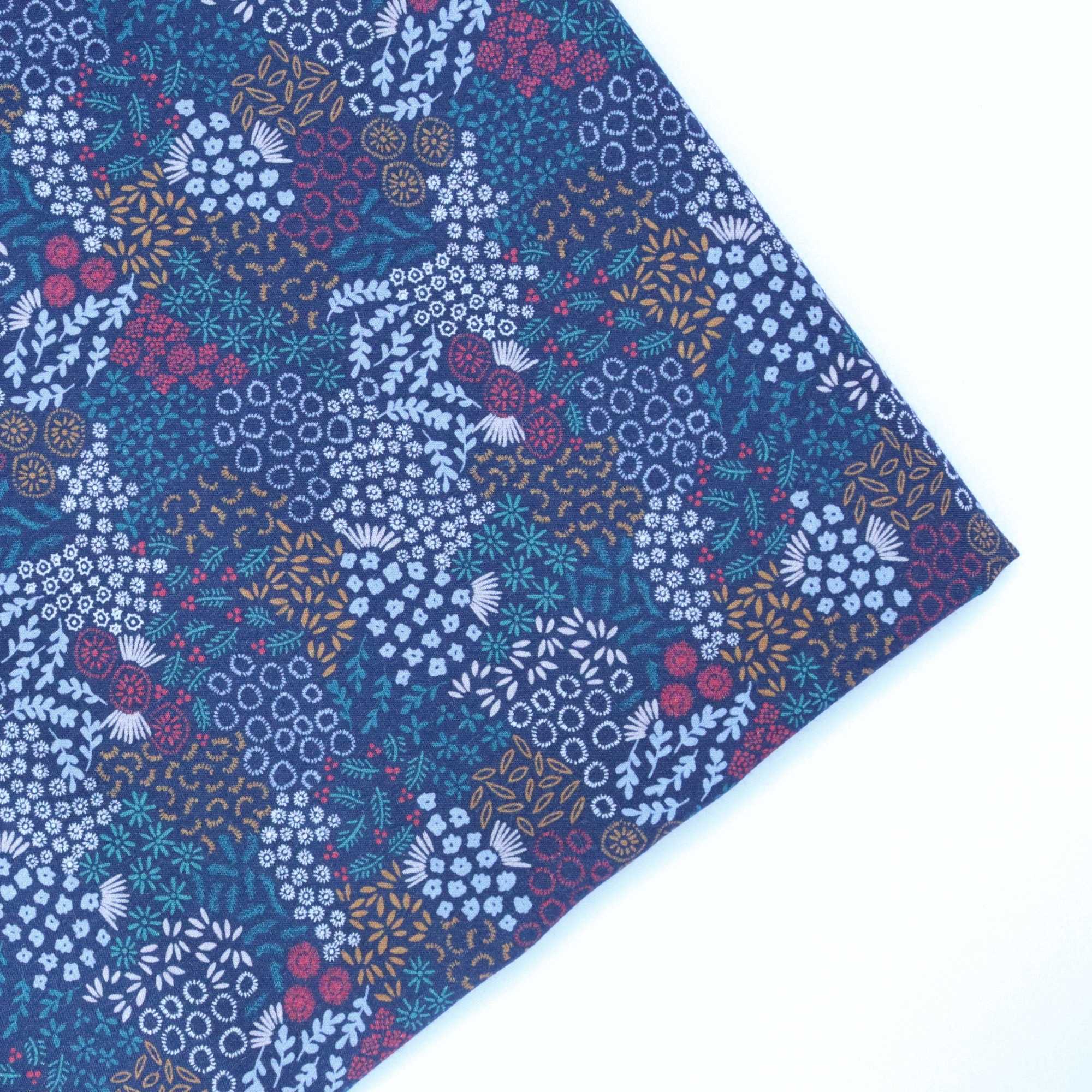 Floral patterned fabric with a blue and purple color scheme on a white background