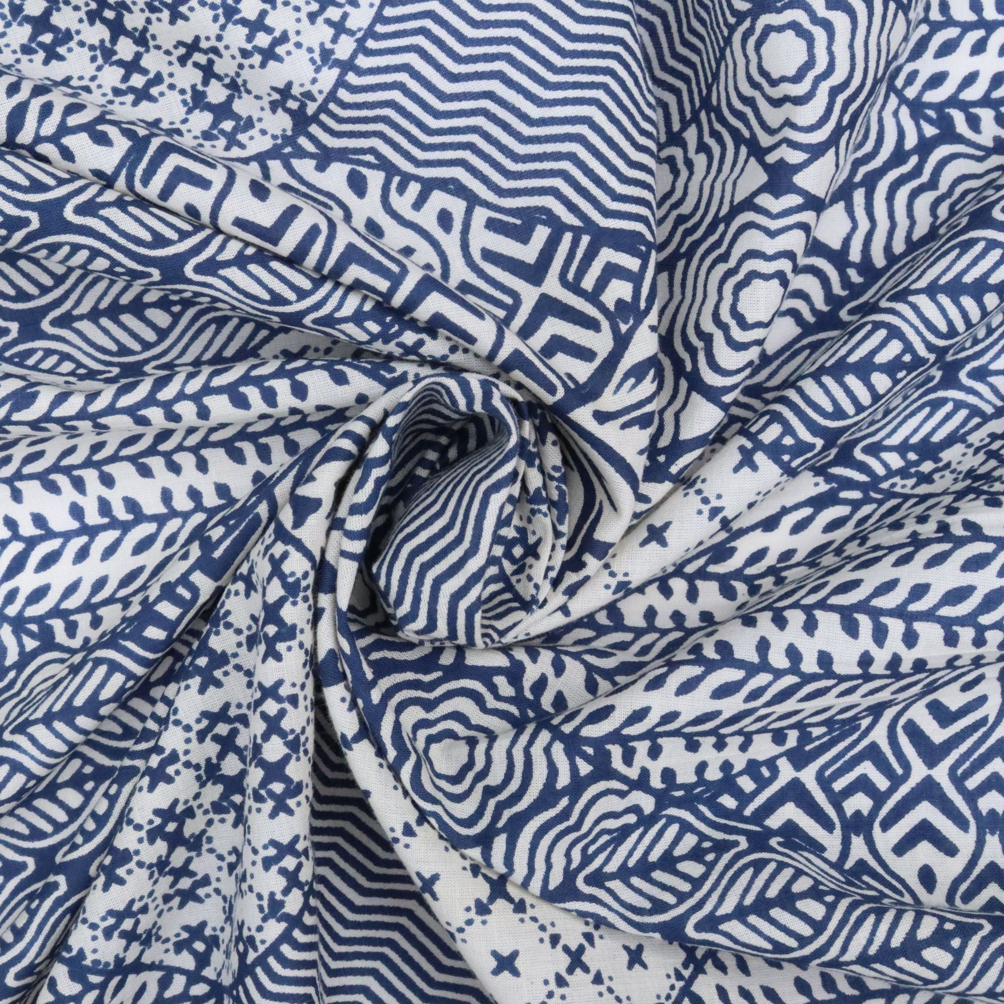 Close-up of blue and white patterned fabric