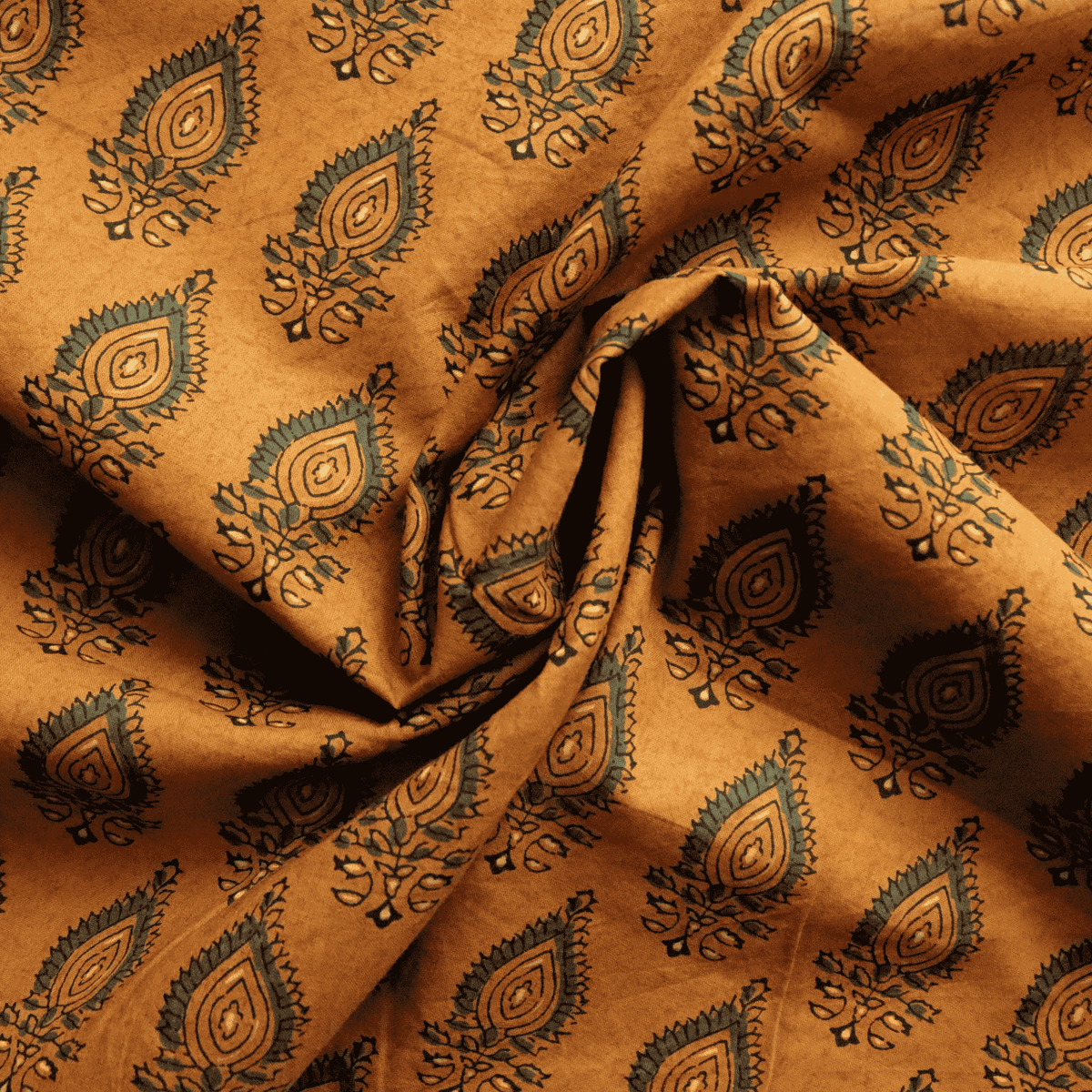 Green on Ochre in Block Printed Cotton Fabric