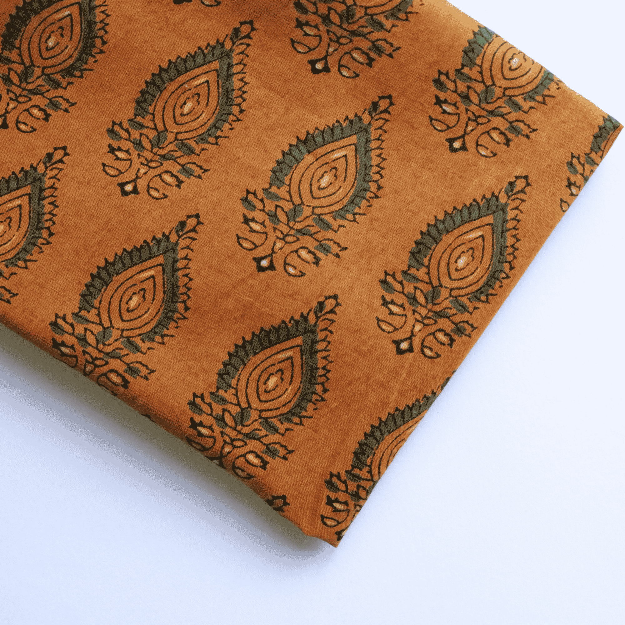 Green on Ochre in Block Printed Cotton Fabric