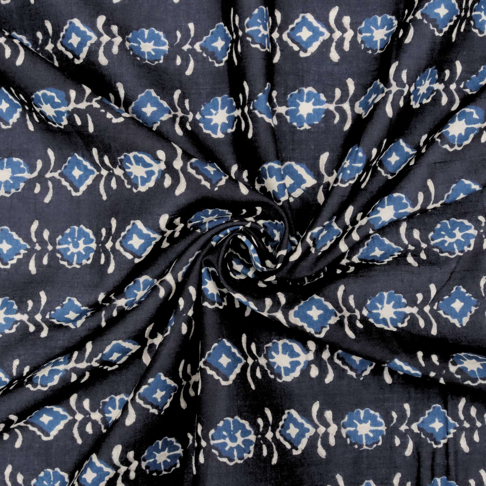 Close-up of dark blue fabric with blue and white floral pattern