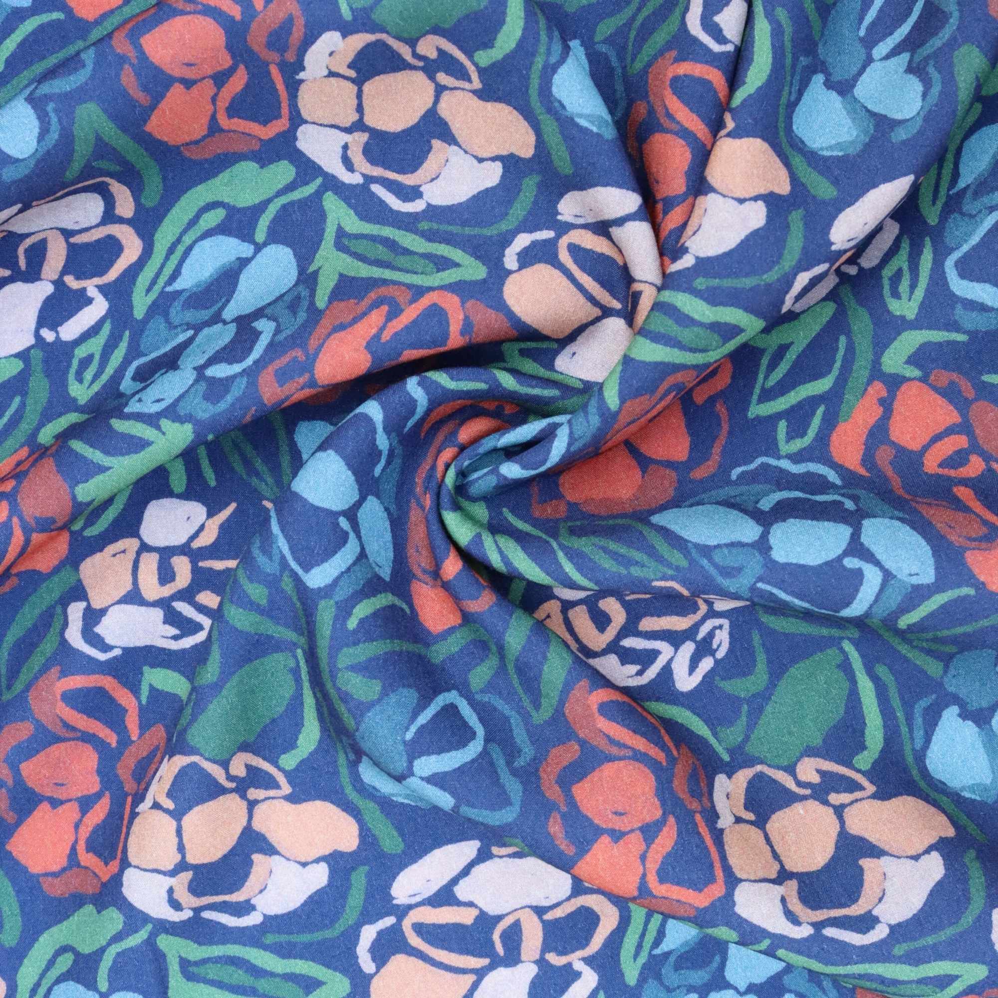 Colorful floral fabric with blue background