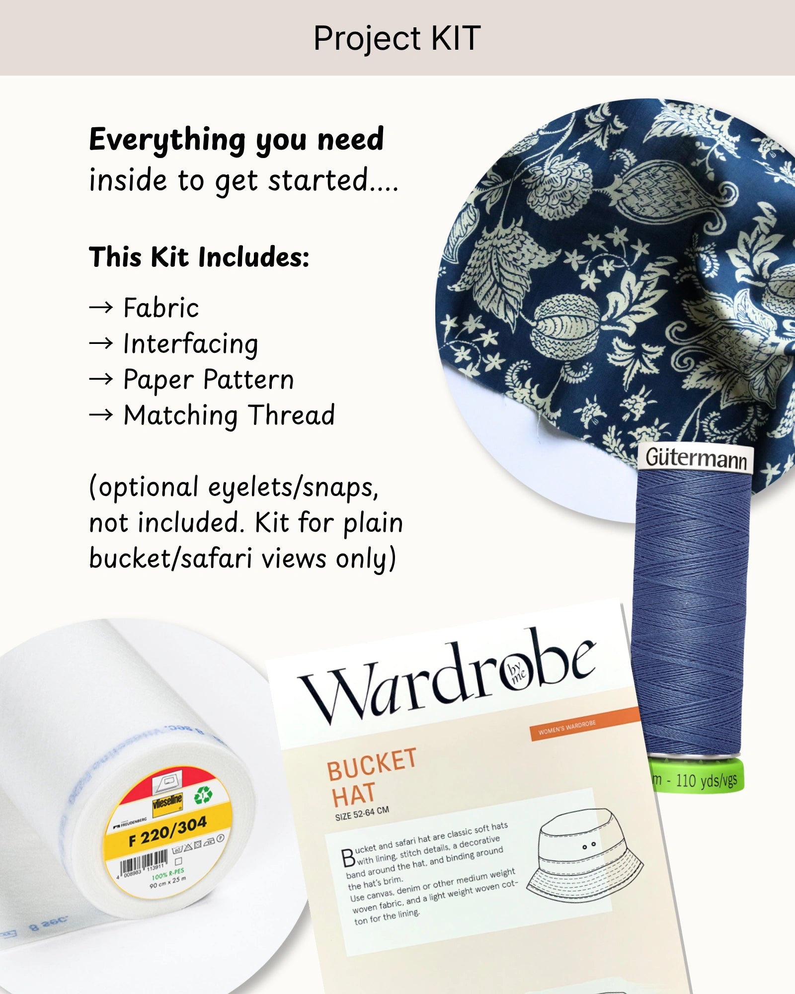 Bucket Hat PROJECT KIT with Cream on Indigo Cotton