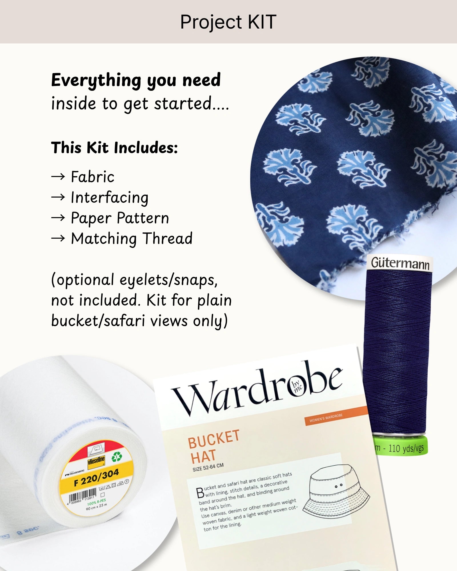 Bucket Hat PROJECT KIT with Indigo Abstract Cotton