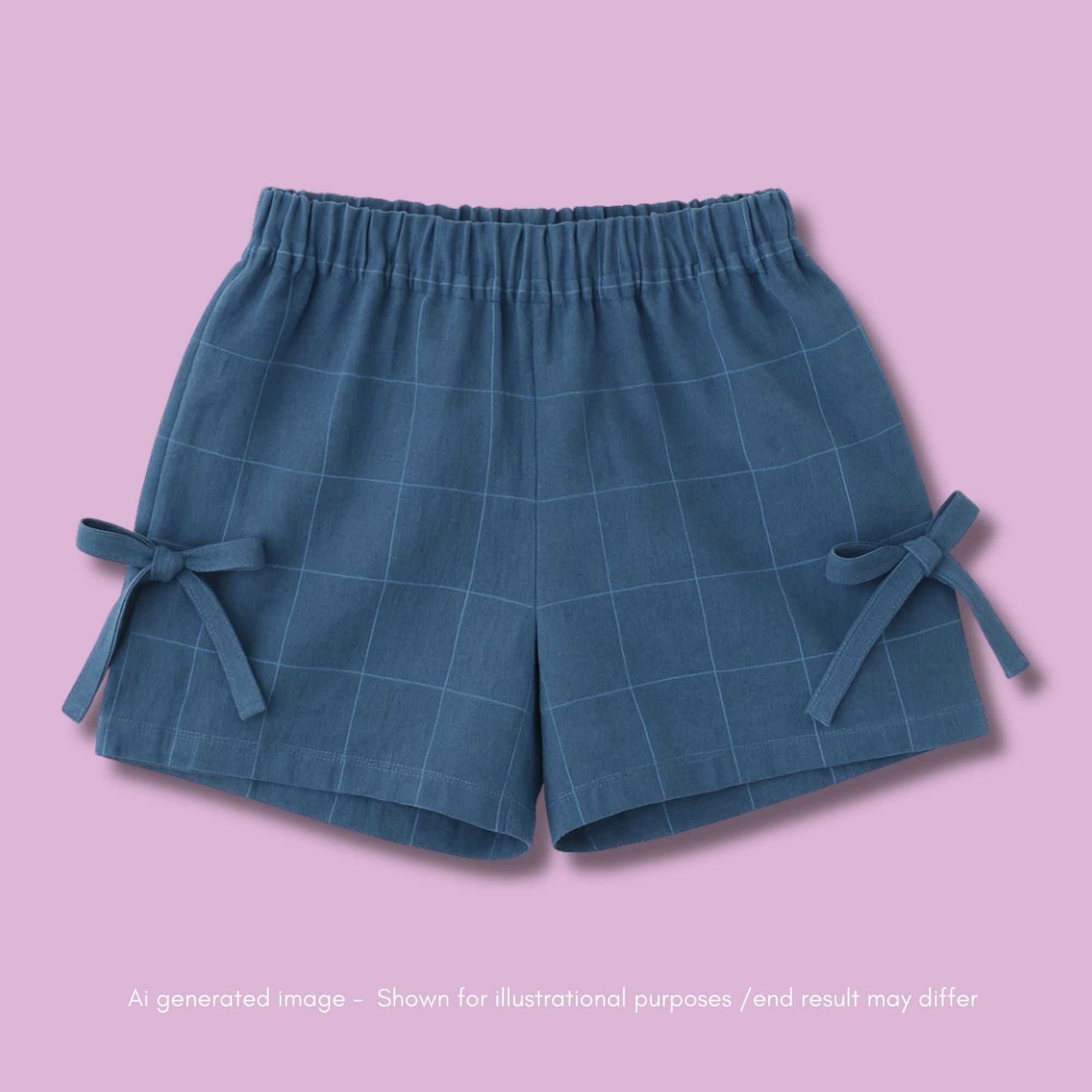 Blue checkered shorts with ties on a pink background