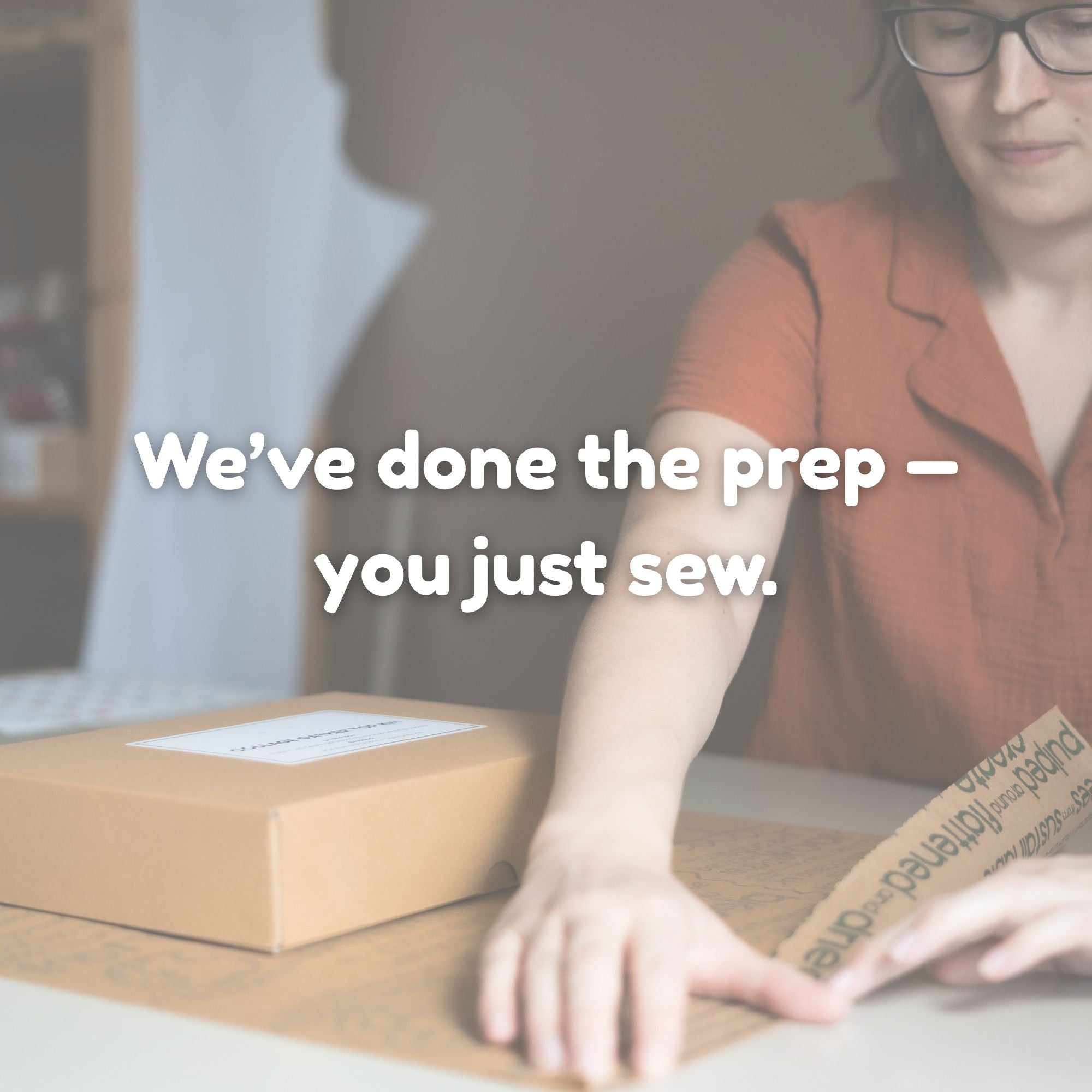 Person packaging a product with text &