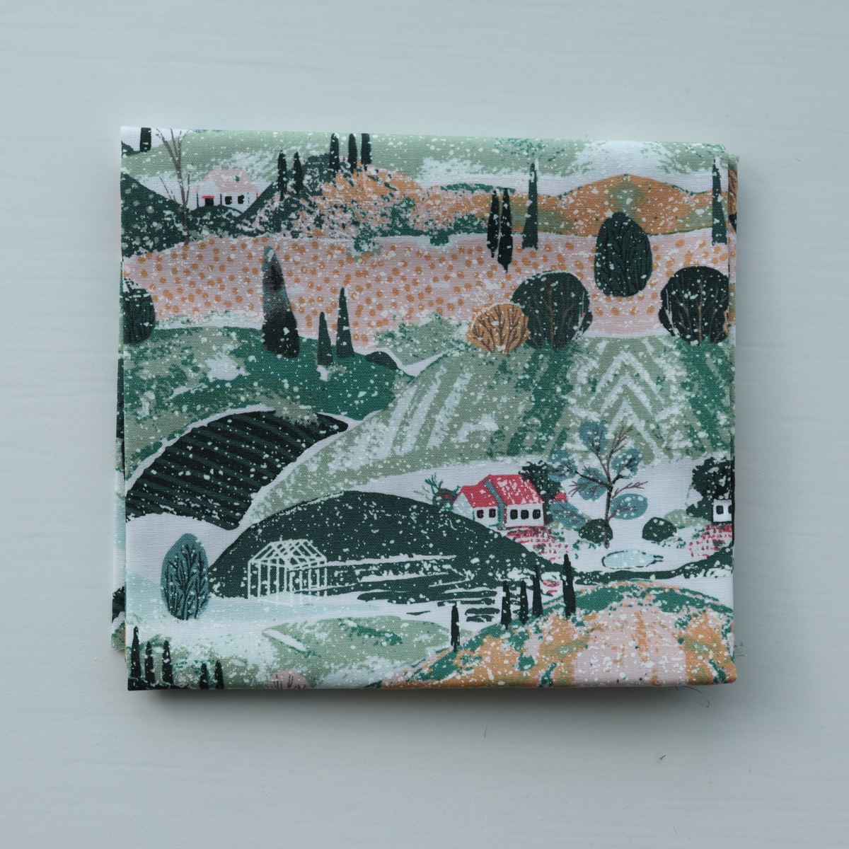 Packaged product with a scenic landscape design on a light gray background