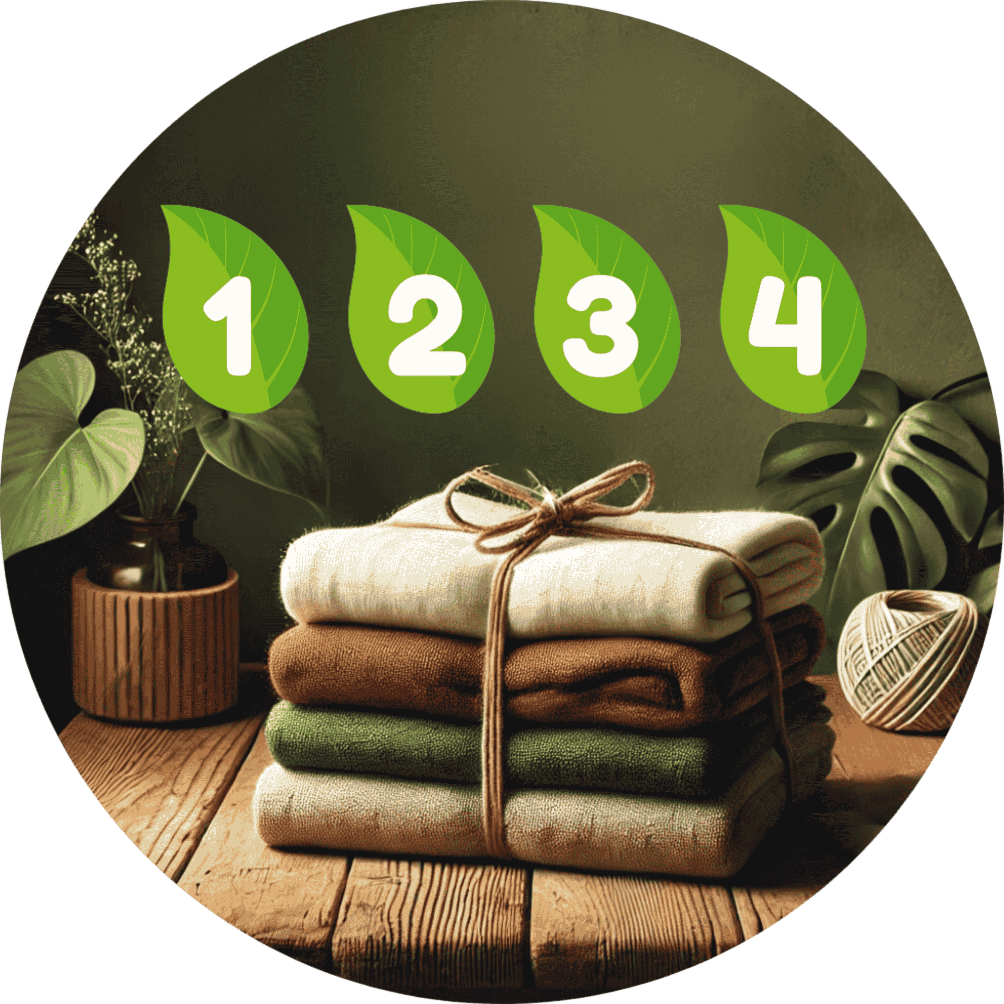 Stack of folded natural fabrics tied with twine on a wooden table, with four green leaf icons labelled 1 to 4 representing the Sew Eco Score sustainability rating system
