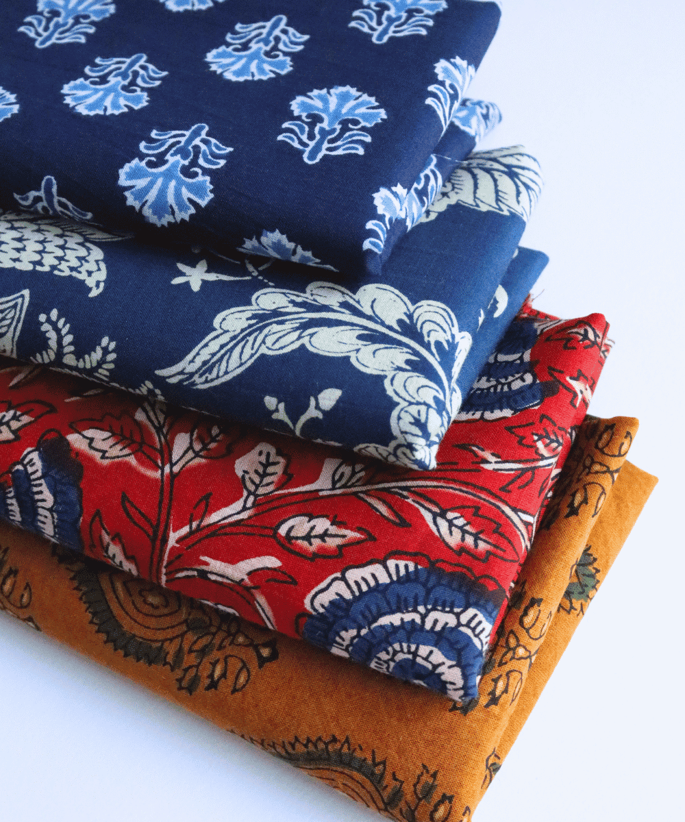 Indian Block Printed Fabrics in a pile of prints