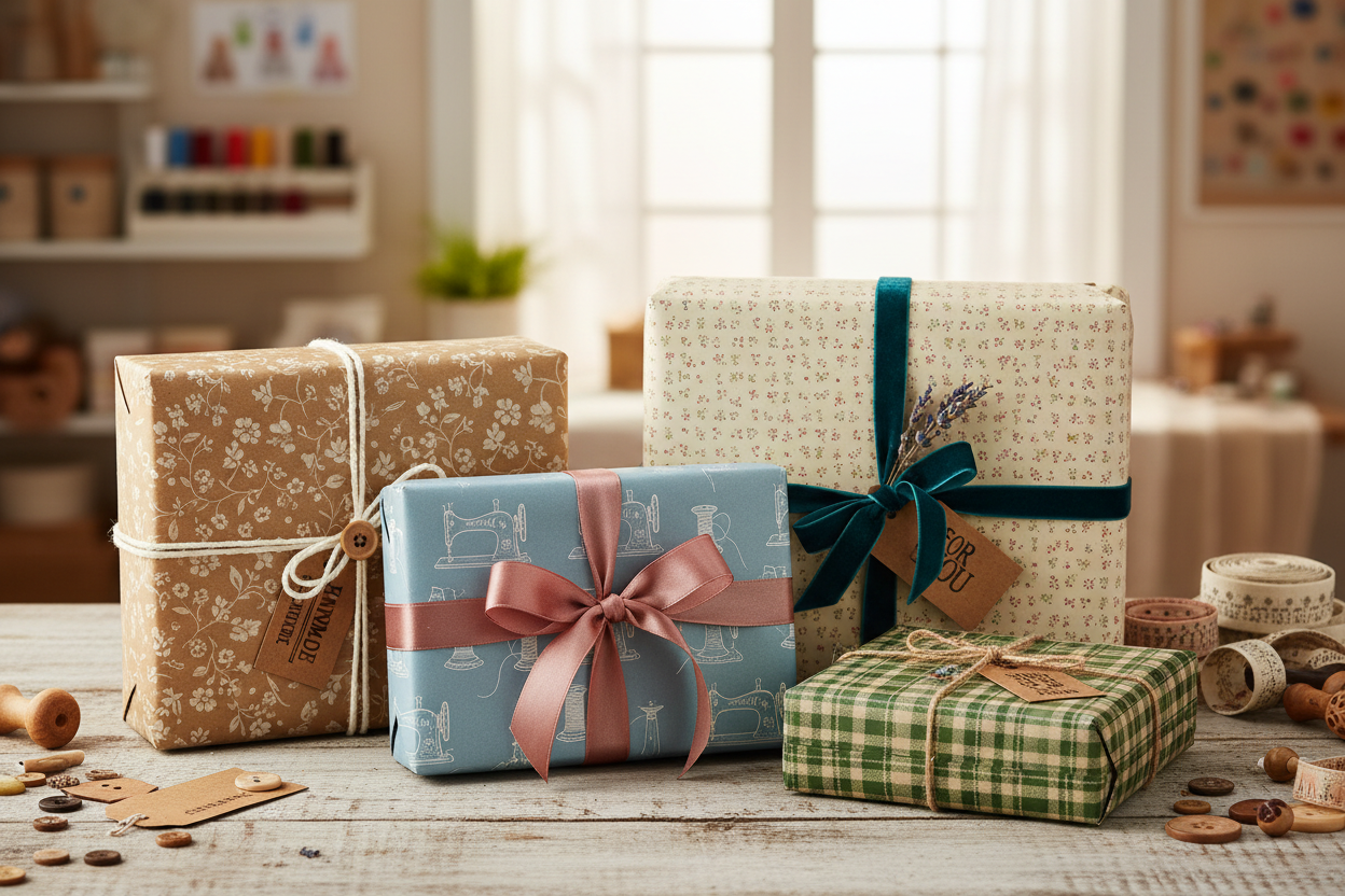 Presents wrapped in sewing themed papers, sat in a craft room.