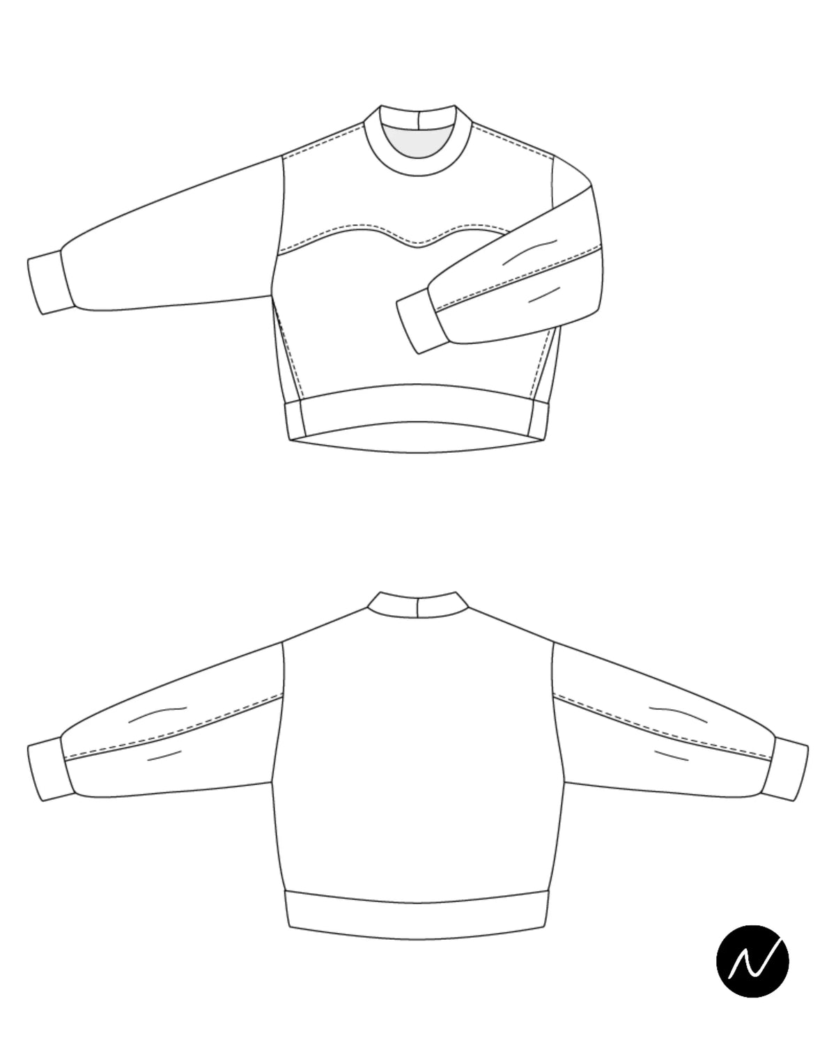Black and white line art vector illustration showing the front and back flat views of a cropped crewneck sweatshirt.