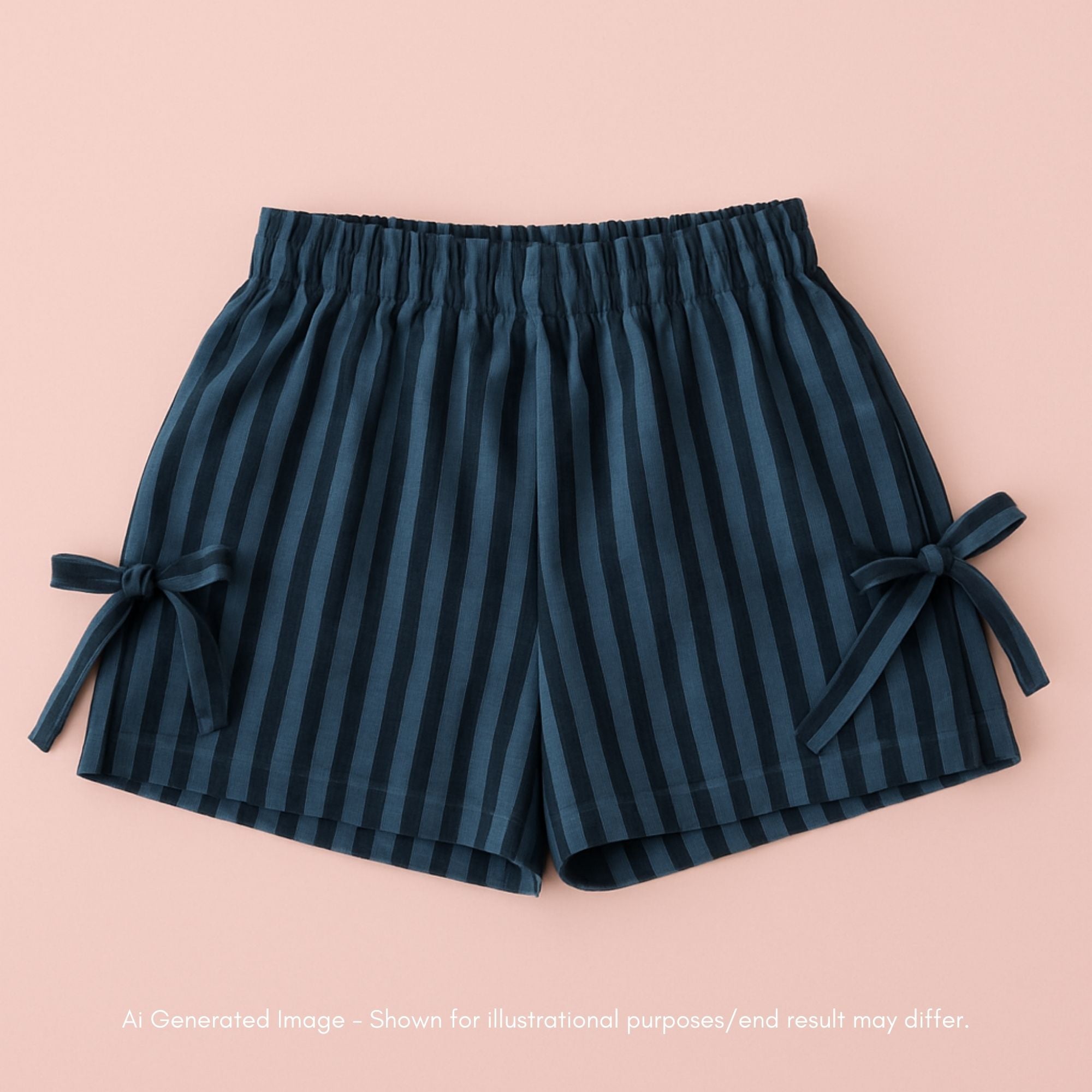 Navy striped shorts with ties on a pink background