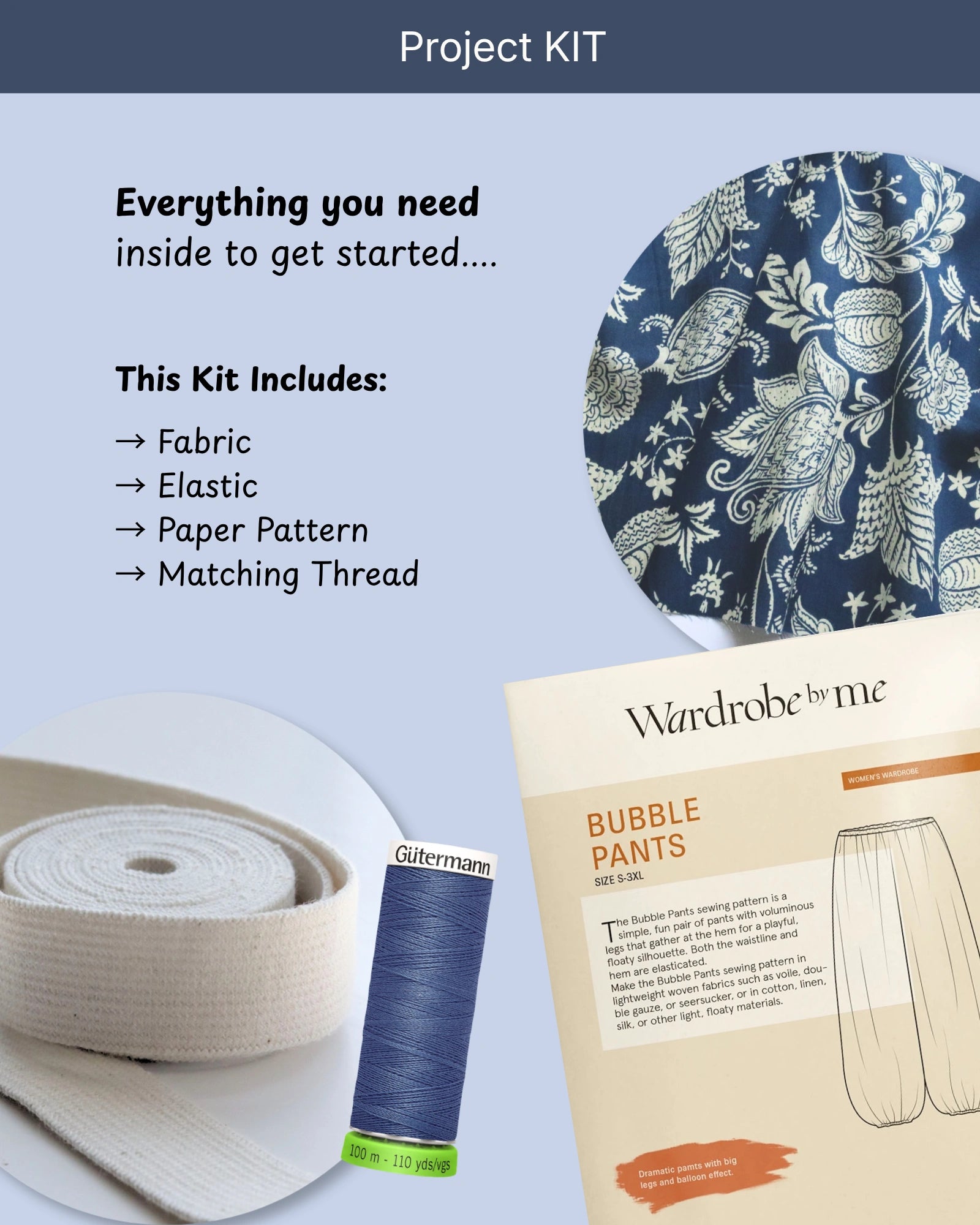 Bubble Pants Project KIT with Cream on Indigo Block-Print Cotton