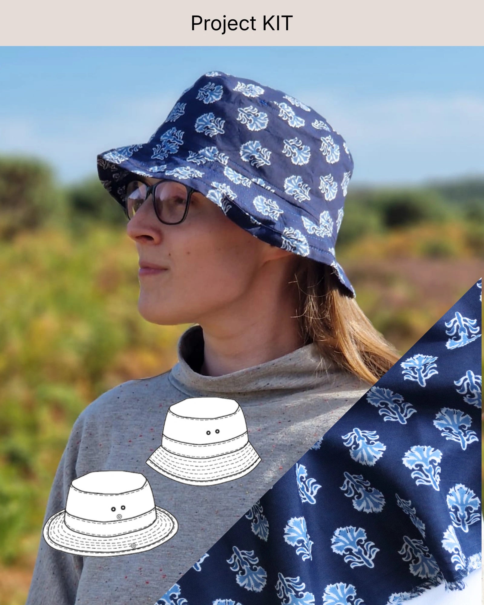Bucket Hat PROJECT KIT with Indigo Abstract Cotton