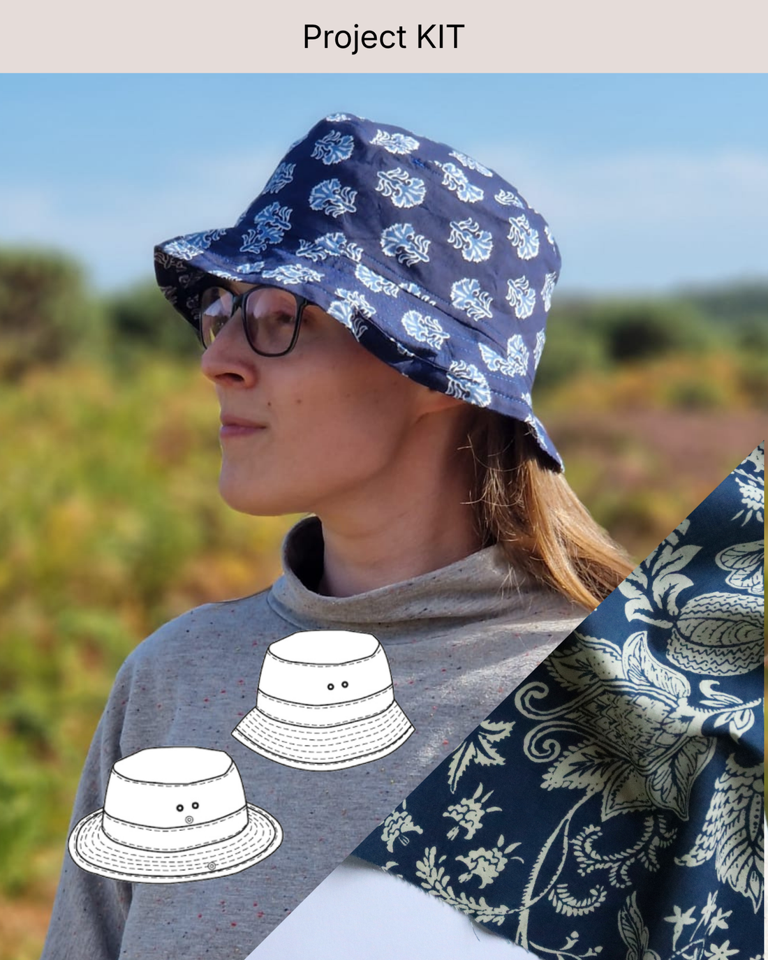 Bucket Hat PROJECT KIT with Cream on Indigo Cotton