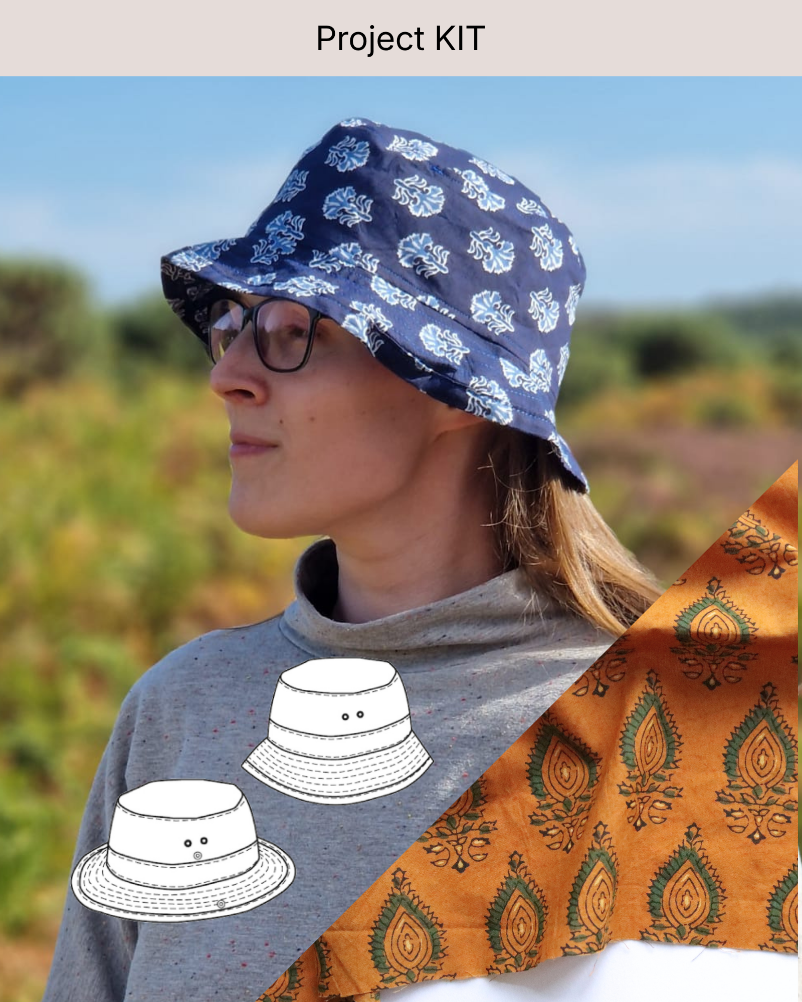 Bucket Hat PROJECT KIT with Green on Ochre Cotton