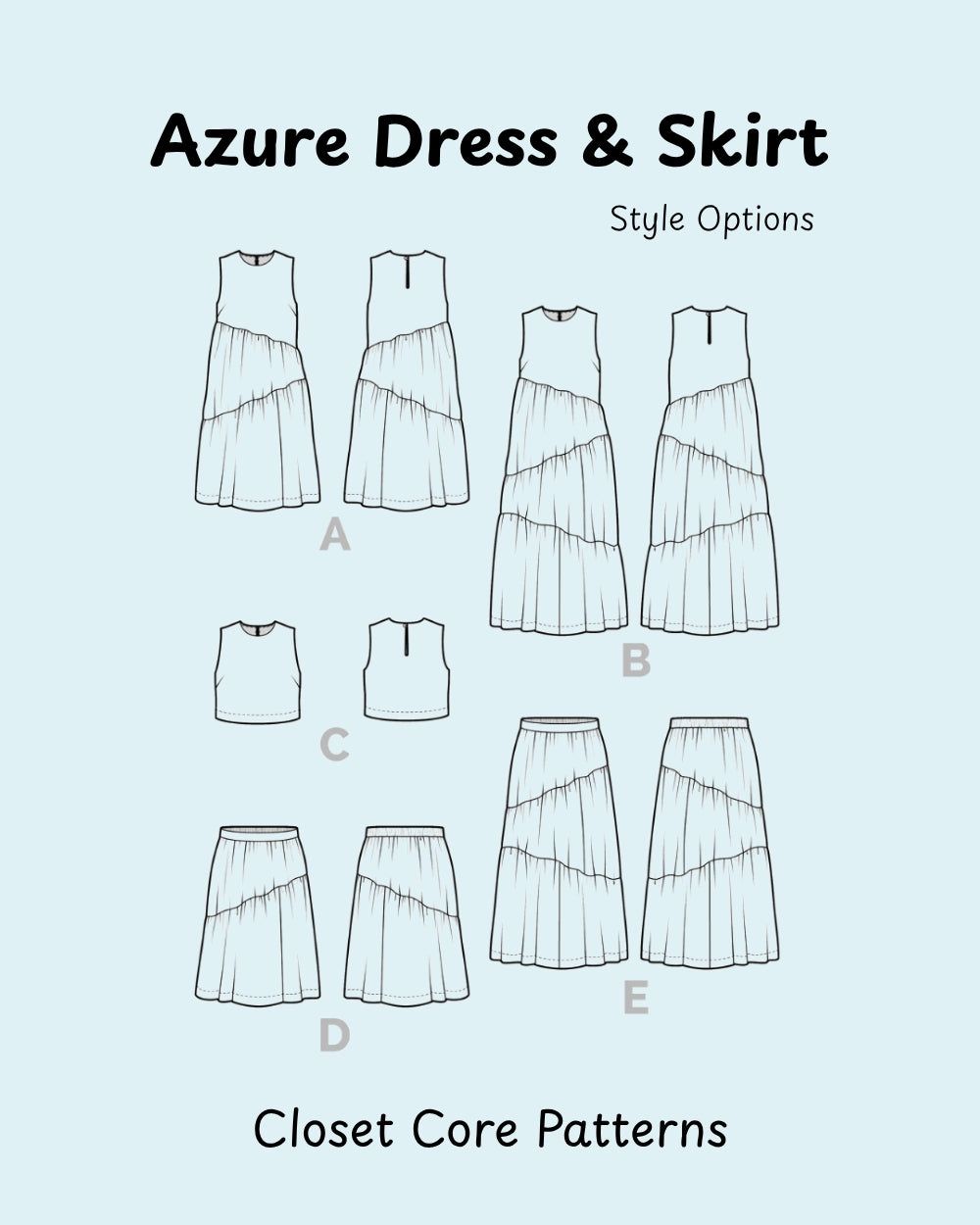 A light blue graphic showing line drawings of dress and skirt options labeled A through E under the title &