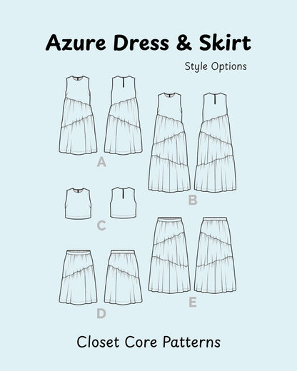 A light blue graphic showing line drawings of dress and skirt options labeled A through E under the title &