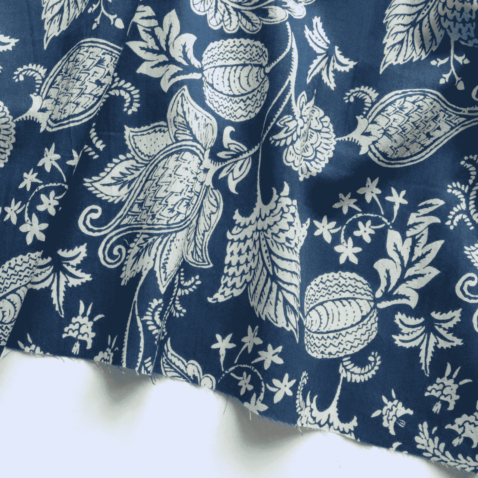Cream on Indigo in Block Printed Cotton Fabric