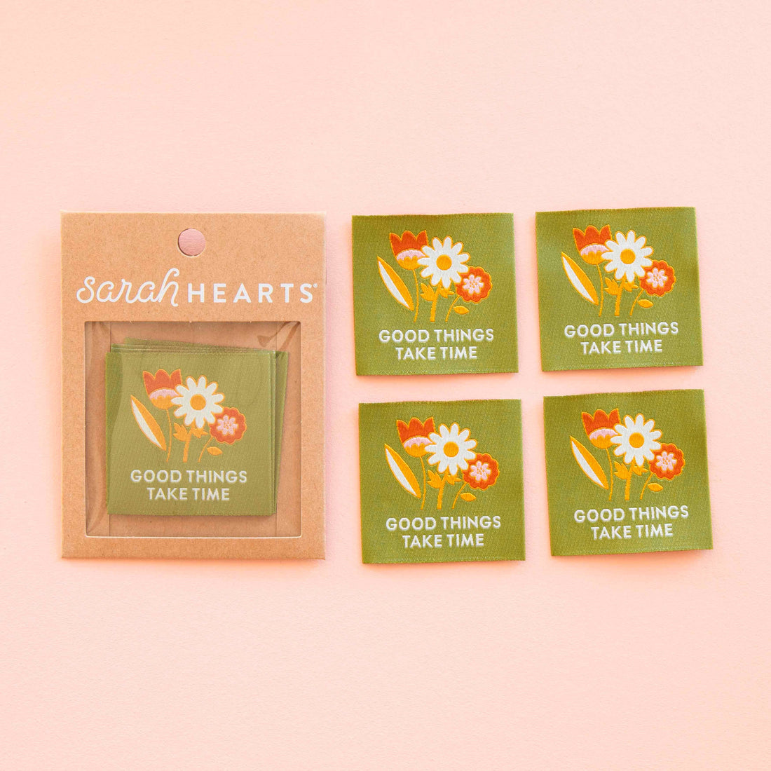 &quot;Good Things Take Time&quot; Sewing Label for your garments. Woven Labels laid out, floral design with the words &quot;Good Things Take Time&quot; on a Green background.