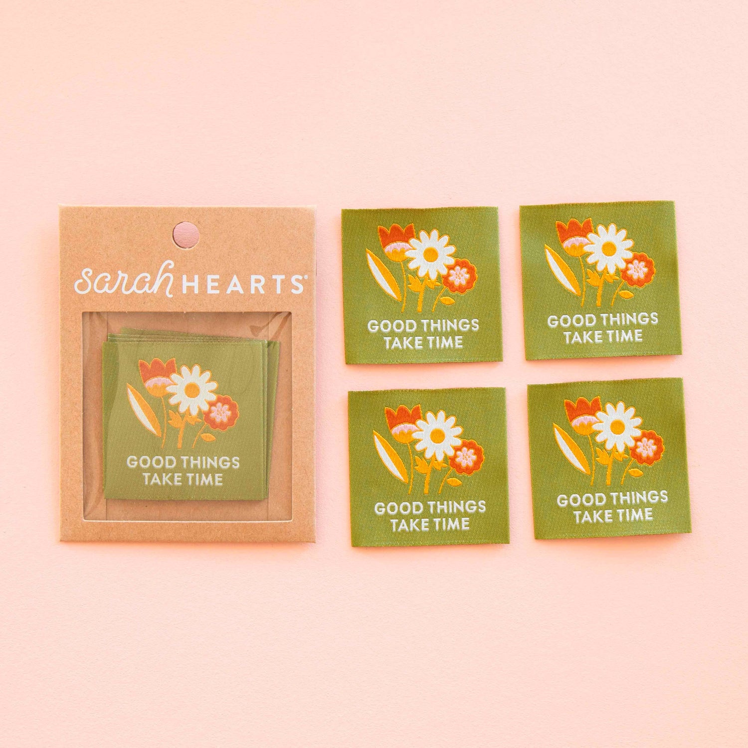 &quot;Good Things Take Time&quot; Sewing Label for your garments. Woven Labels laid out, floral design with the words &quot;Good Things Take Time&quot; on a Green background.