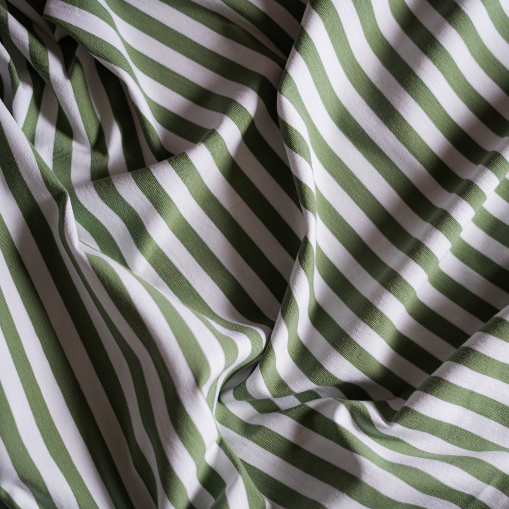 85cm Remnant - French Terry in Green/White Stripes Fabric