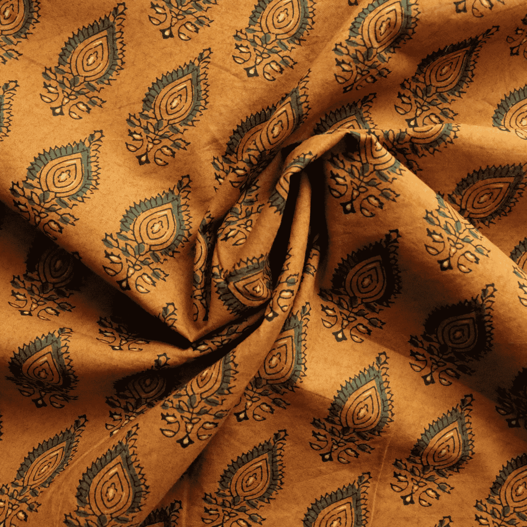 Green on Ochre in Block Printed Cotton Fabric