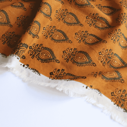 Indian Block Print Cotton in Green on Ochre, Fabric SAMPLE