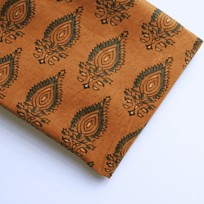 Green on Ochre in Block Printed Cotton Fabric