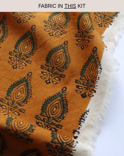 Bucket Hat PROJECT KIT with Green on Ochre Cotton