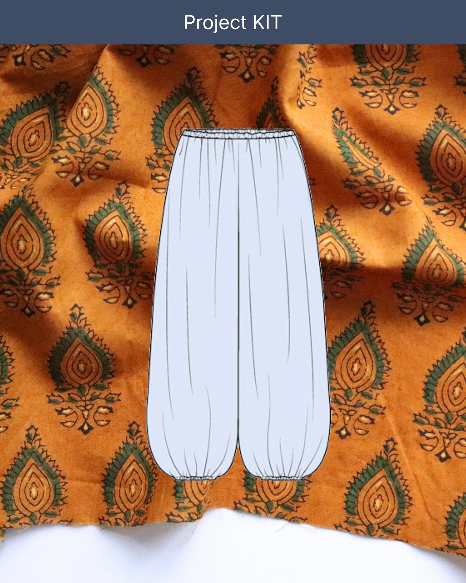 Bubble Pants Project KIT with Green on Ochre Block-Print Cotton