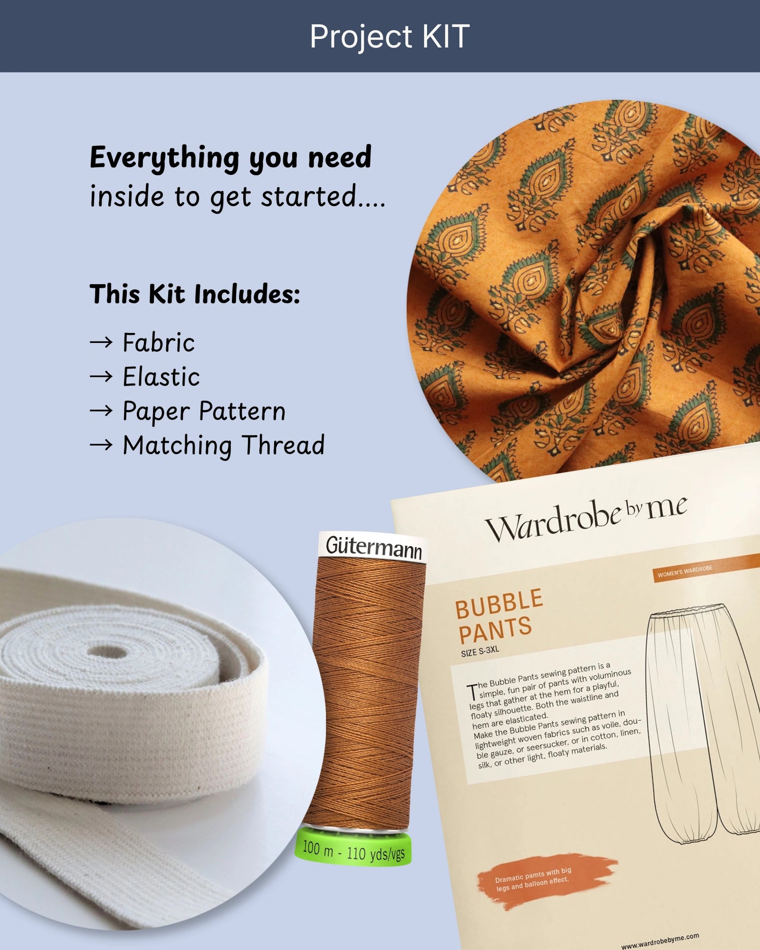 Bubble Pants Project KIT with Green on Ochre Block-Print Cotton