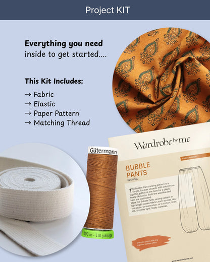 Bubble Pants Project KIT with Green on Ochre Block-Print Cotton
