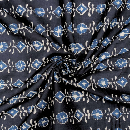 Close-up of dark blue fabric with blue and white floral pattern