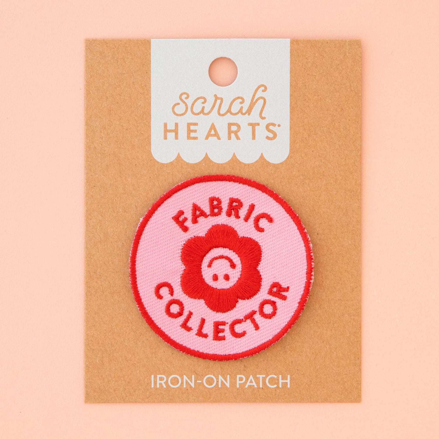 On the Sarah Hearts packaging is attached an Iron on Patch that says &