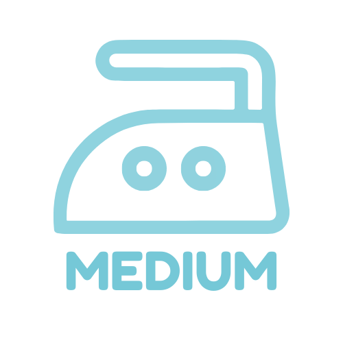 Light blue outline of a steam iron with 'MEDIUM' text below on a white background