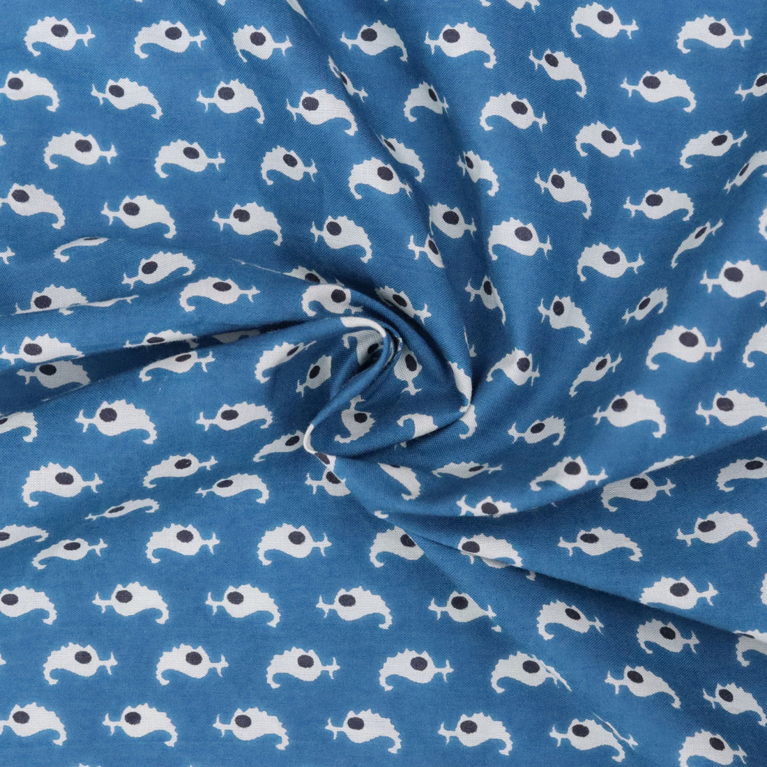 Blue fabric with white fish pattern