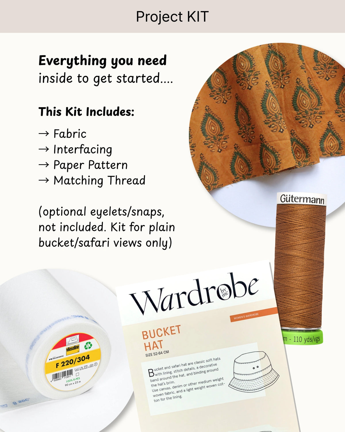 Bucket Hat PROJECT KIT with Green on Ochre Cotton