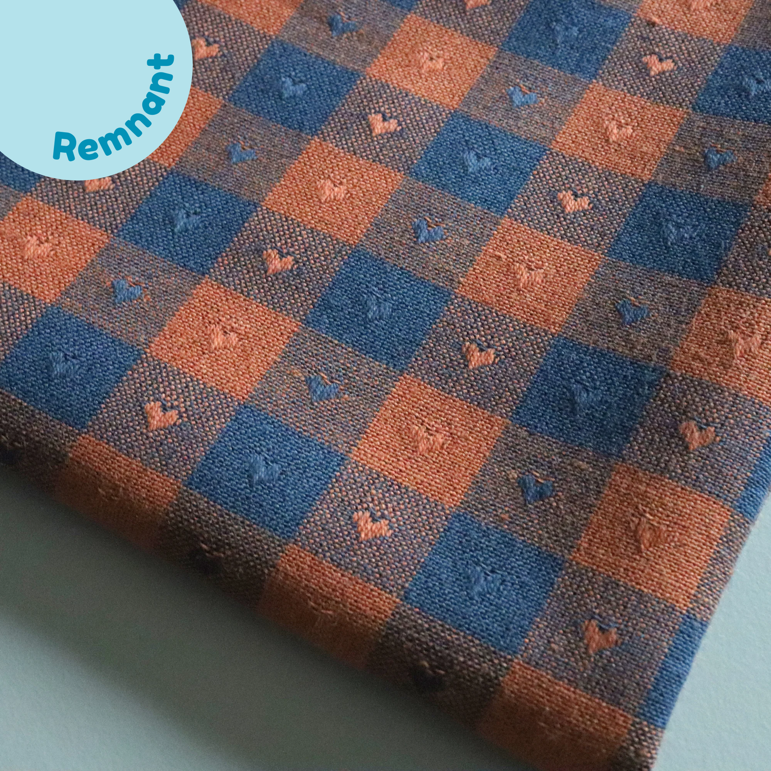 80cm REMNANT - Gingham Hearts - Navy Blue/Orange Cotton Fabric