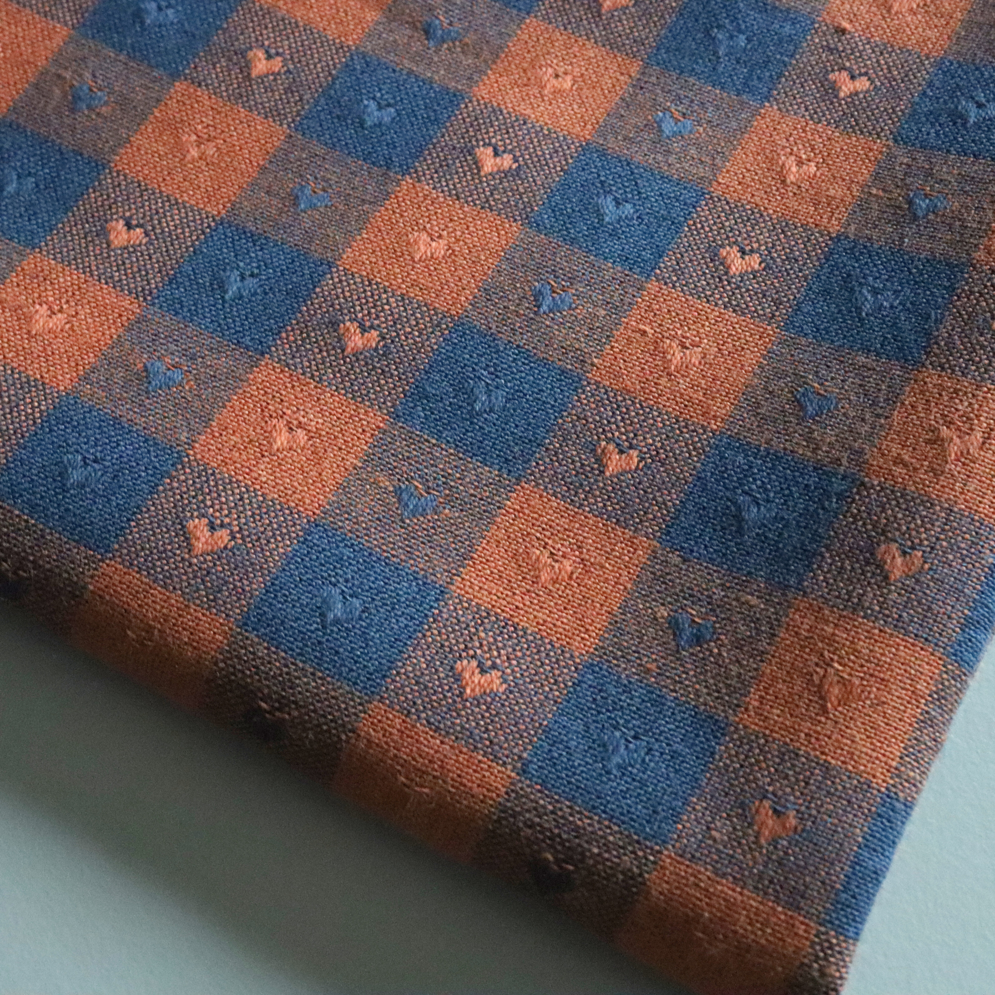 Gingham Hearts - Navy Blue/Orange - Cotton Fabric