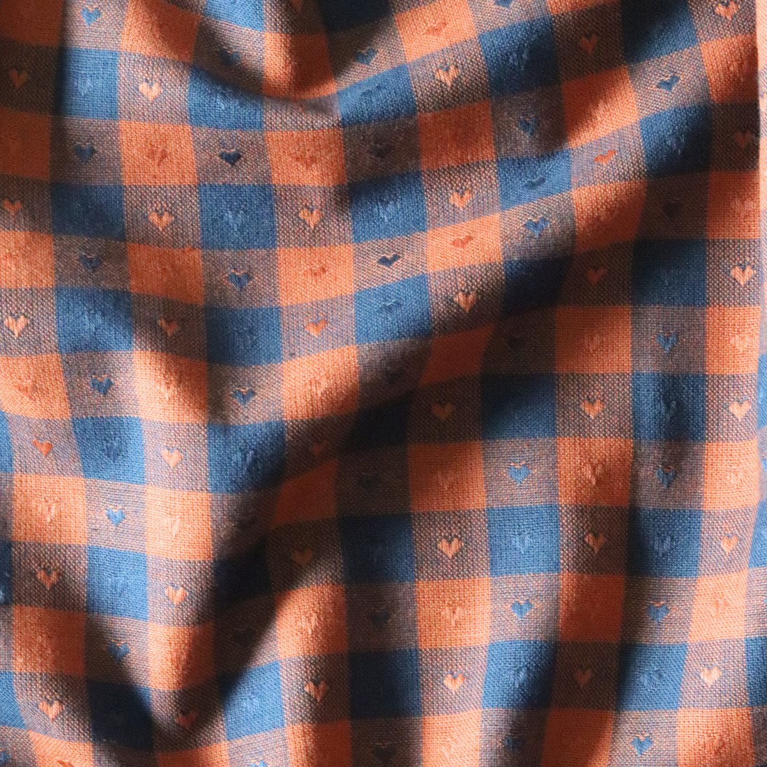 1.2cm REMNANT - Gingham Hearts - Navy Blue/Orange Cotton Fabric