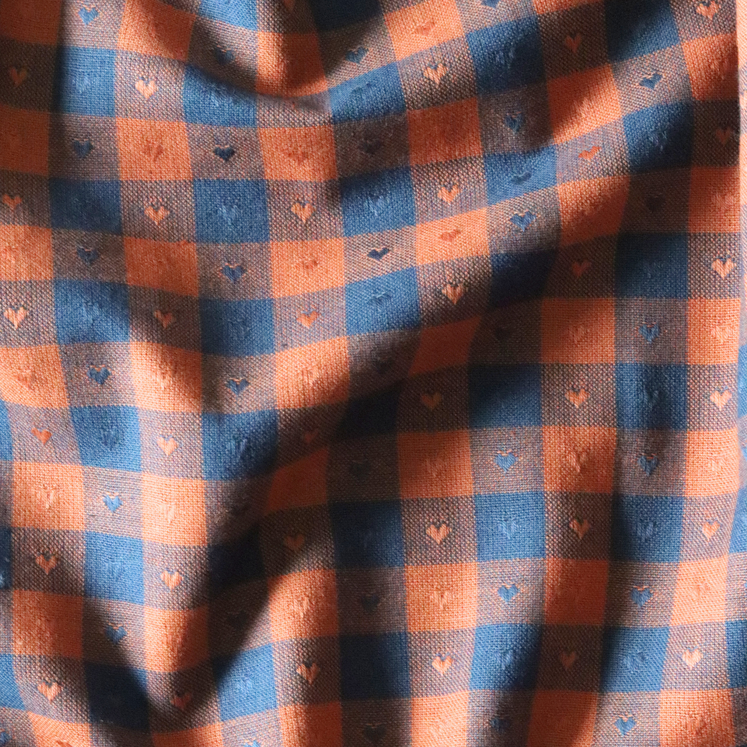 Gingham Hearts - Navy Blue/Orange - Cotton Fabric