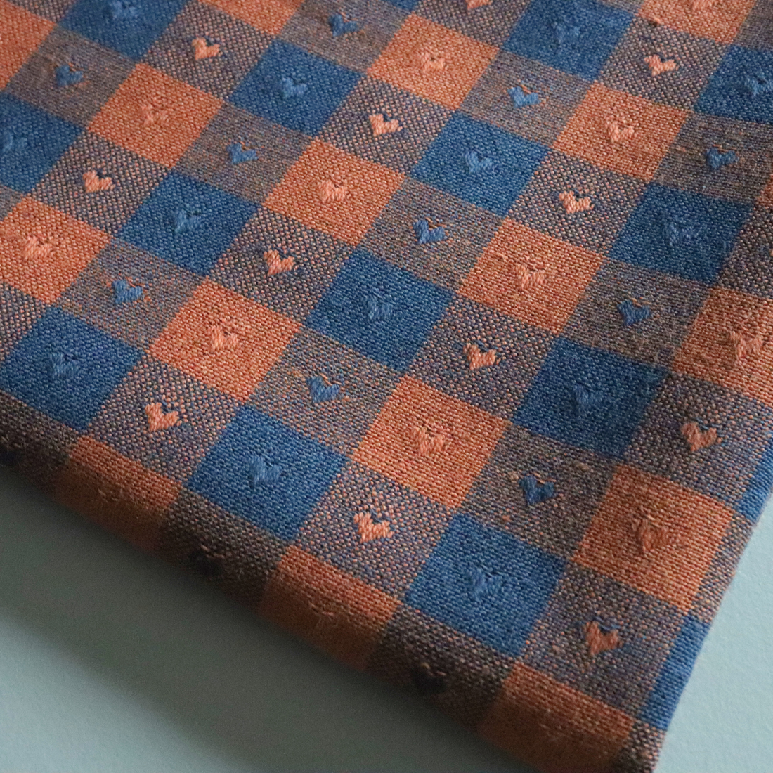 1.2cm REMNANT - Gingham Hearts - Navy Blue/Orange Cotton Fabric