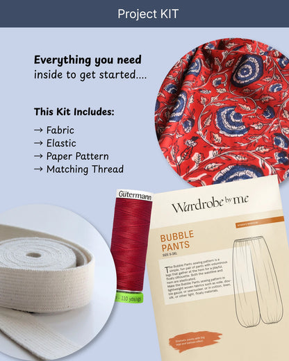 Bubble Pants Project KIT with Floral Red Block-Print Cotton