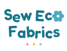 A logo reading 'Sew Eco Fabrics' in teal, with a small flower icon and three small coloured dots underneath.