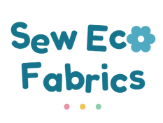 A logo reading 'Sew Eco Fabrics' in teal, with a small flower icon and three small coloured dots underneath.