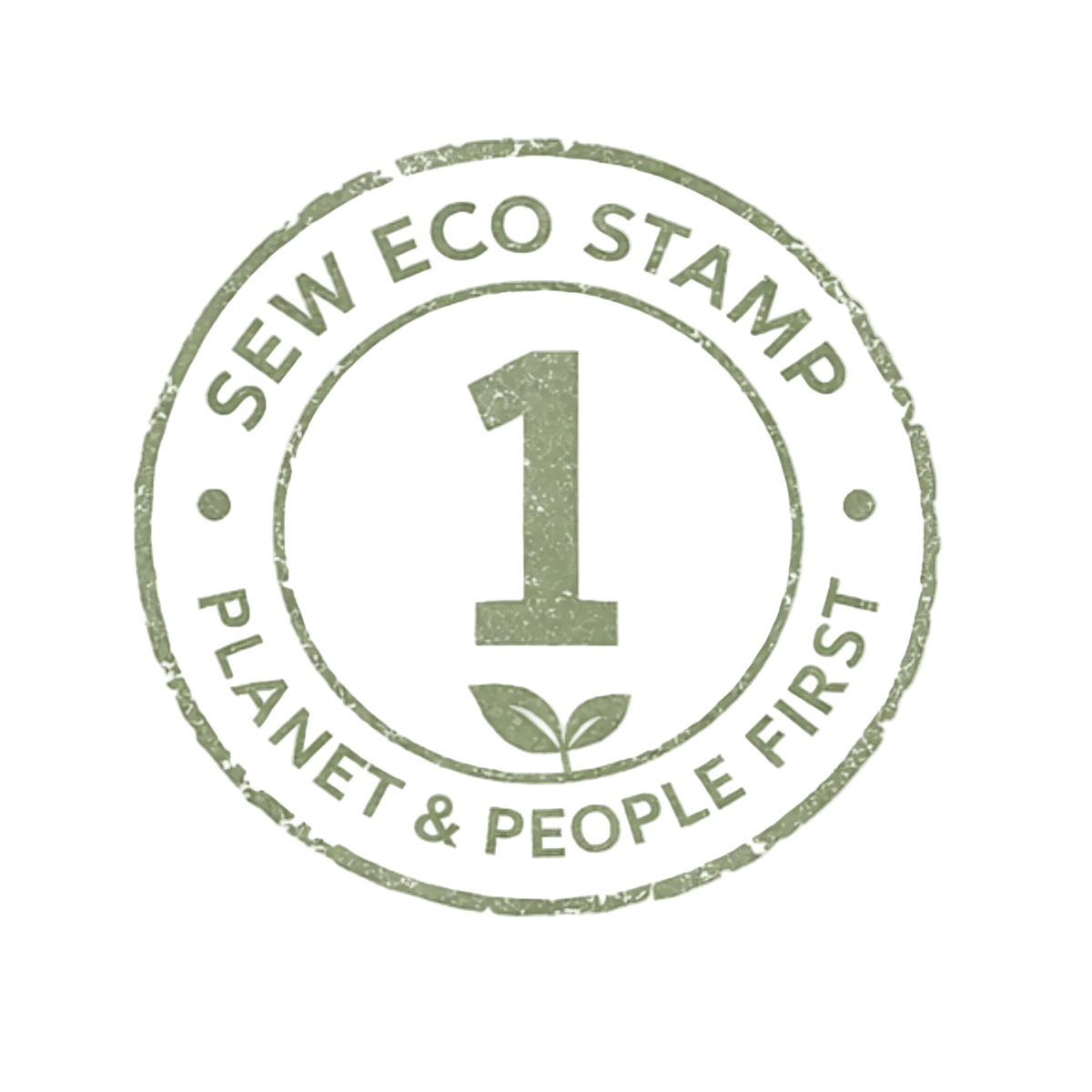 Green eco-stamp with 'Sew Eco Stamp' text and 'Planet & People First' slogan on a white background