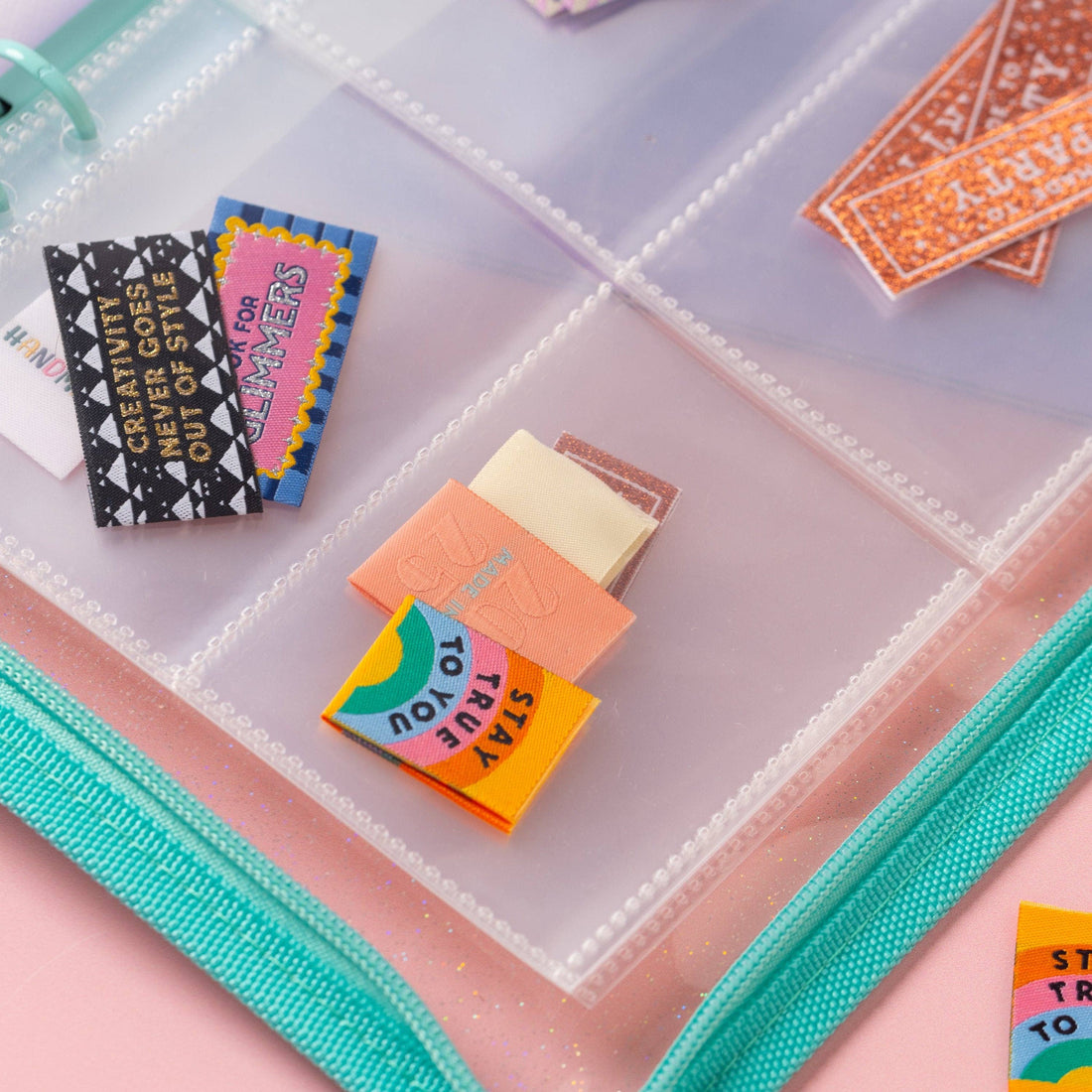 colourful sewing labels inside the wallet sheets for the sew in label folder