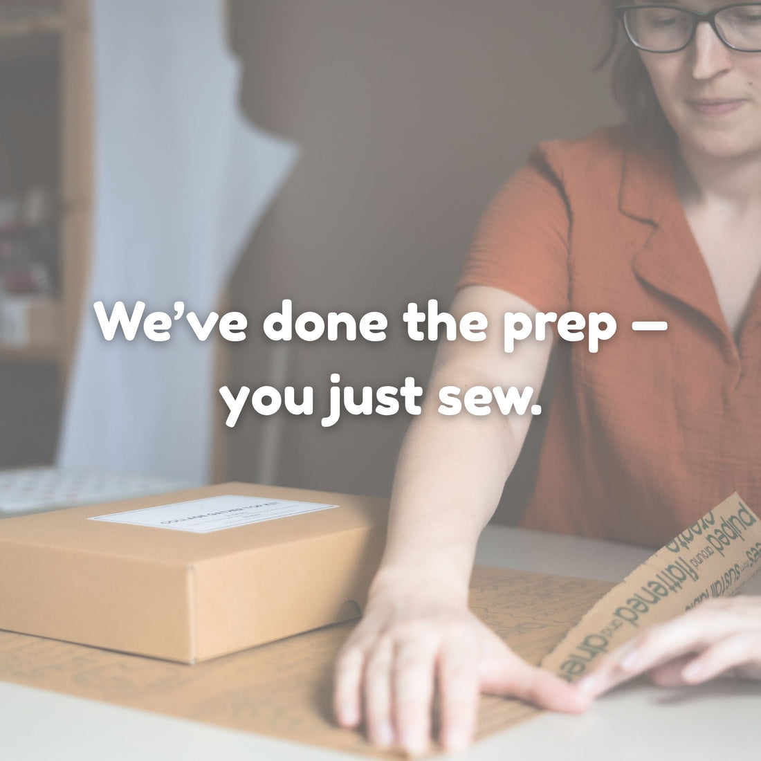 Person packaging a product with text &